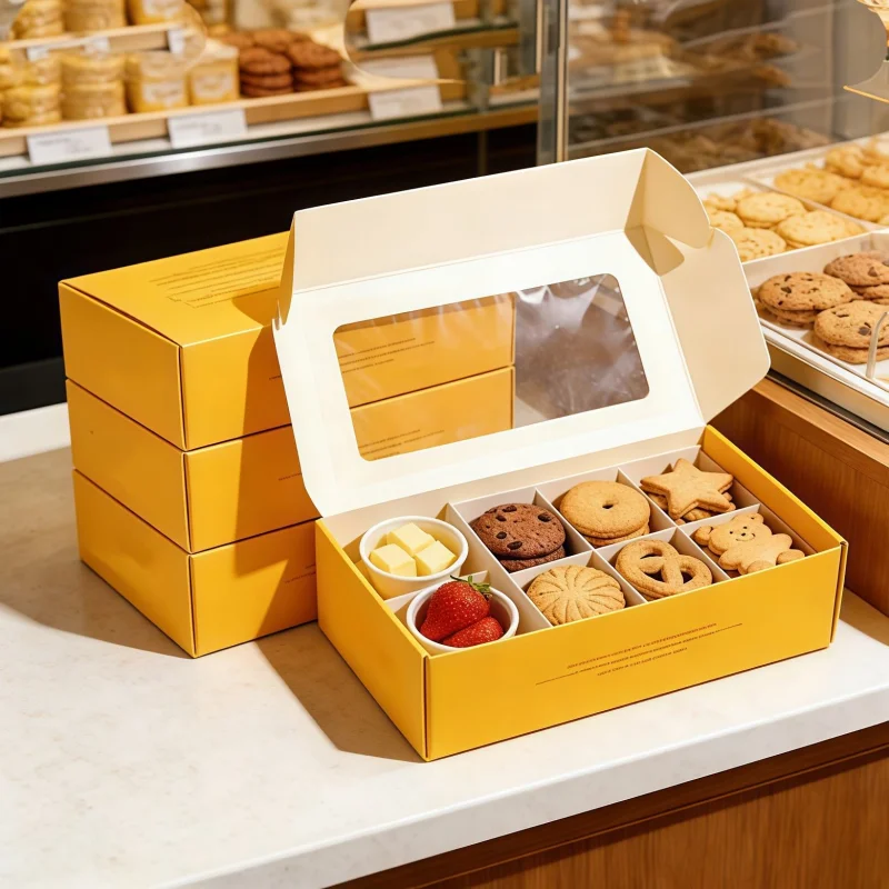 Wholesale Custom Bakery Boxes Factory Direct RBD Packaging RBD Packaging Stacks of yellow custom printed bakery boxes with windows, showing bulk supply capability.