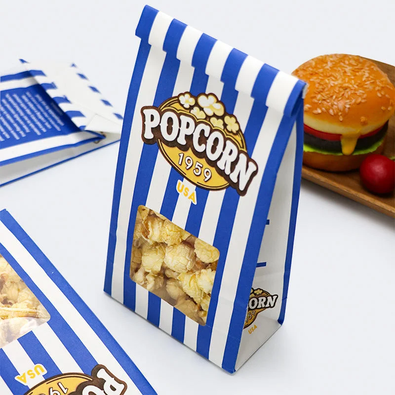 Custom tin tie popcorn bags with clear window, resealable greaseproof stand up paper packaging for snack retail