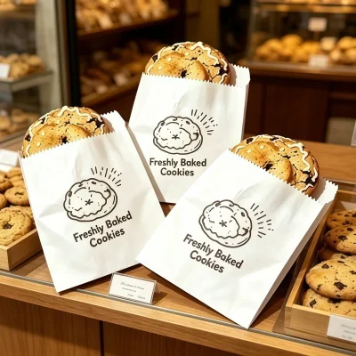 Custom Kraft Paper Gusseted Bags for Bakery Packaging RBD Packaging RBD Packaging Custom printed white kraft paper gusseted bags filled with freshly baked cookies for bakery packaging