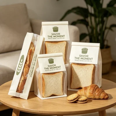Custom Toast Bread Bags with Clear Window & Seal Strip RBD Packaging RBD Packaging White kraft paper toast bread bags with clear front windows and top seal strips holding sliced toast and baguette.